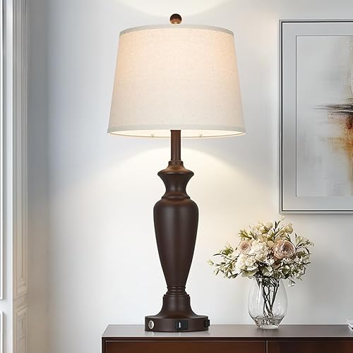 Miniatura 18 de Juego de 2 lámparas de mesa de cerámica blanca de 24 pulgadas para dormitorio, lámparas de noche clásicas modernas para mesita de noche, lámpara