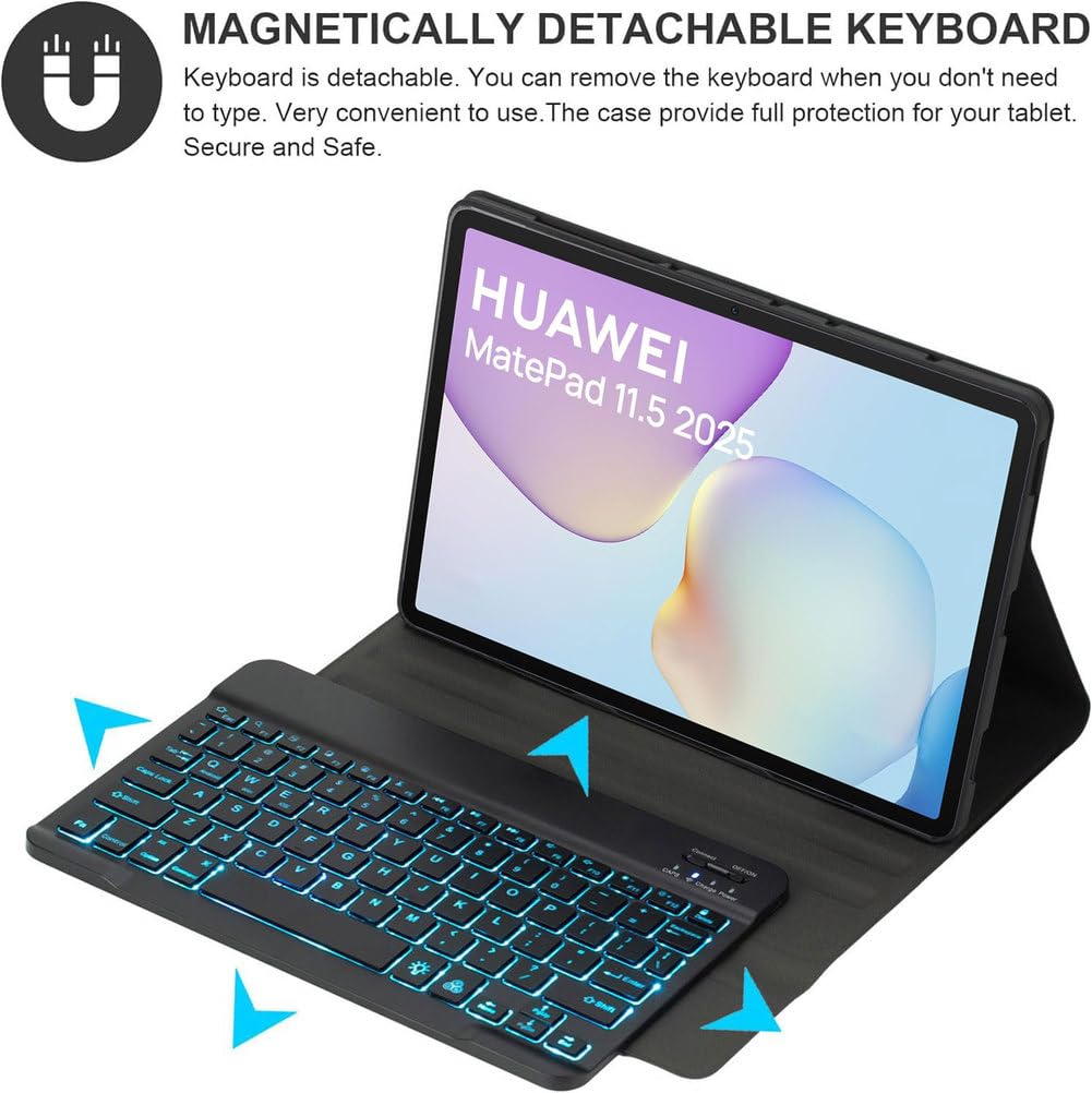 Funda con Teclado para Huawei MatePad 11,5 Pulgadas 2025 Tableta, Teclado Bluetooth Inalámbrico Español Ñ Desmontable con Retroiluminación De 7 Colores, Funda Ultrafina con Ratón