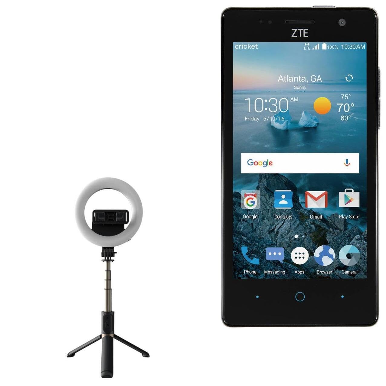BoxWave Stand and Mount Compatible with ZTE Fanfare - RingLight SelfiePod, Selfie Stick Extendable Arm with Ring Light - Jet Black