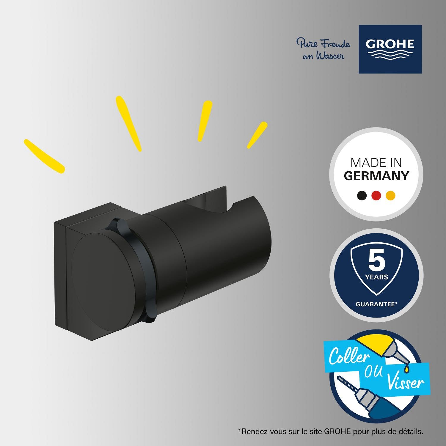 GROHE Vitalio Universal Support Mural pour Douchette, Orientable, A Coller avec GROHE QuickGlue ou à Visser, Noir Mat, 261832431