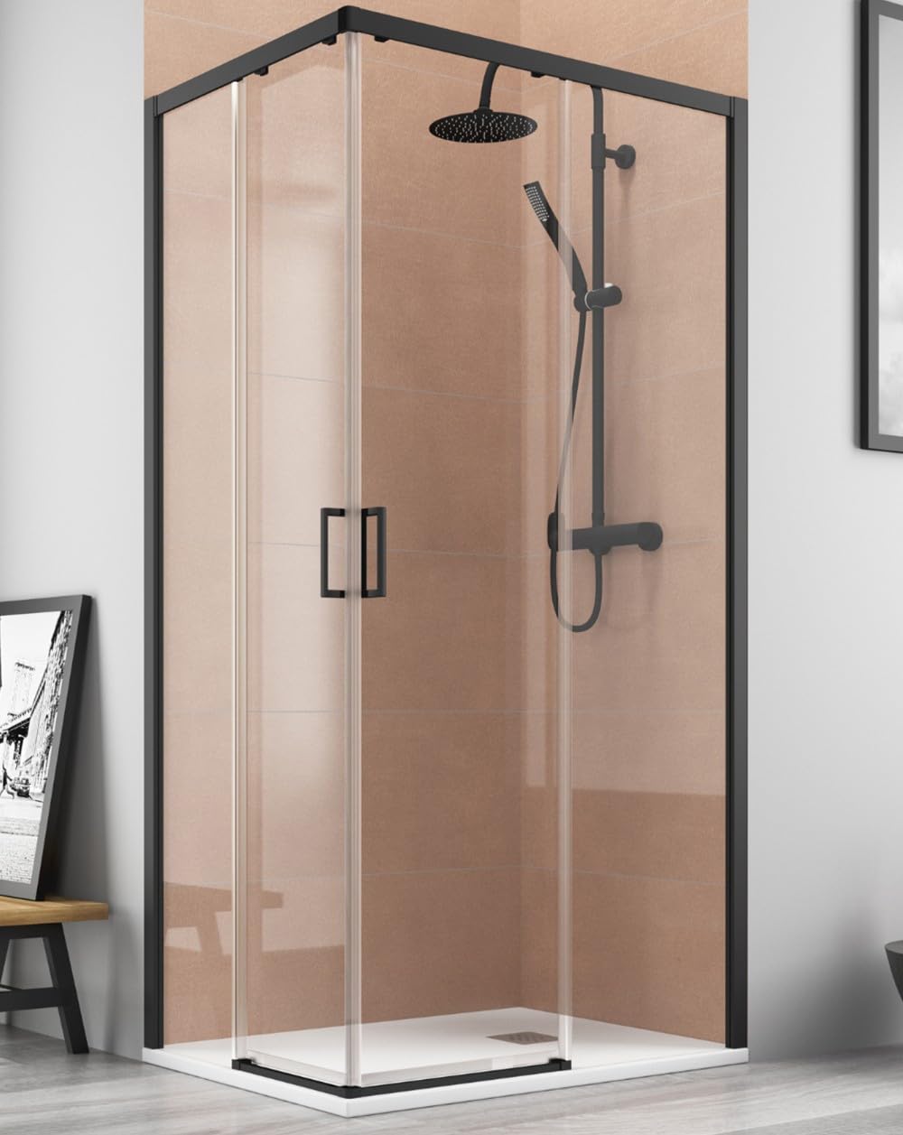 Mampara Ducha Rectangular Angular Corredera 2 Puertas 2 Fijos | Cristal 5mm Antical | Perfil Negro 80cm (Adaptable 78-80cm) X 70cm