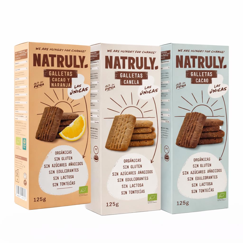 Pack 3 Galletas Natruly Bio 125 g (375 g) | Cacao, Cacao y Naranja y Canela | Ecológicas, veganas y sin gluten | Sin azúcares añadidos ni edulcorantes