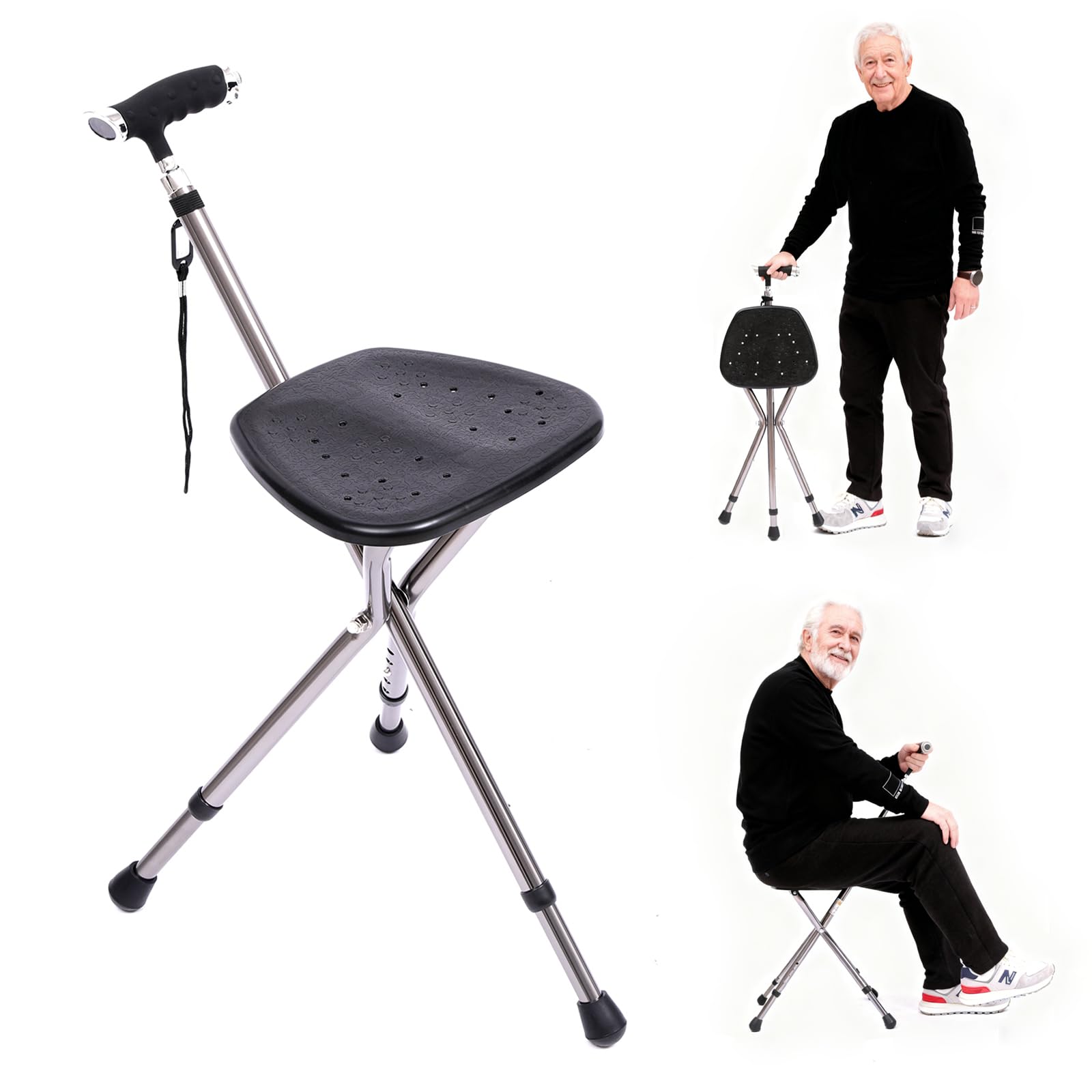 Walking Stick with Seat, 2-in-1 Portable Folding Cane Chair, Lightweight Aluminium Foldable Walking Cane Stool Crutch Stool for Elderly Seniors Men Women