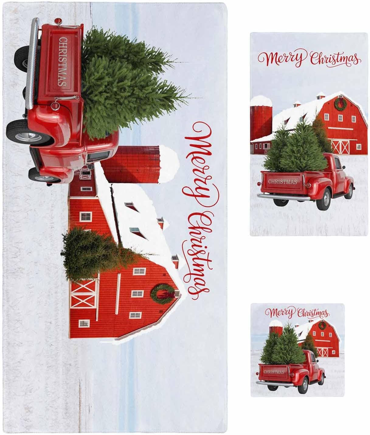 Merry Christmas 3 Piece Bath Towels Set, Farmhouse Xmas Tree Truck Winter Holiday Soft & Absorbent Towels for Bathroom, Hotel (1 Bath Towel 30x60, 1 Hand Towel 16x28, 1 Washcloth 13x13)