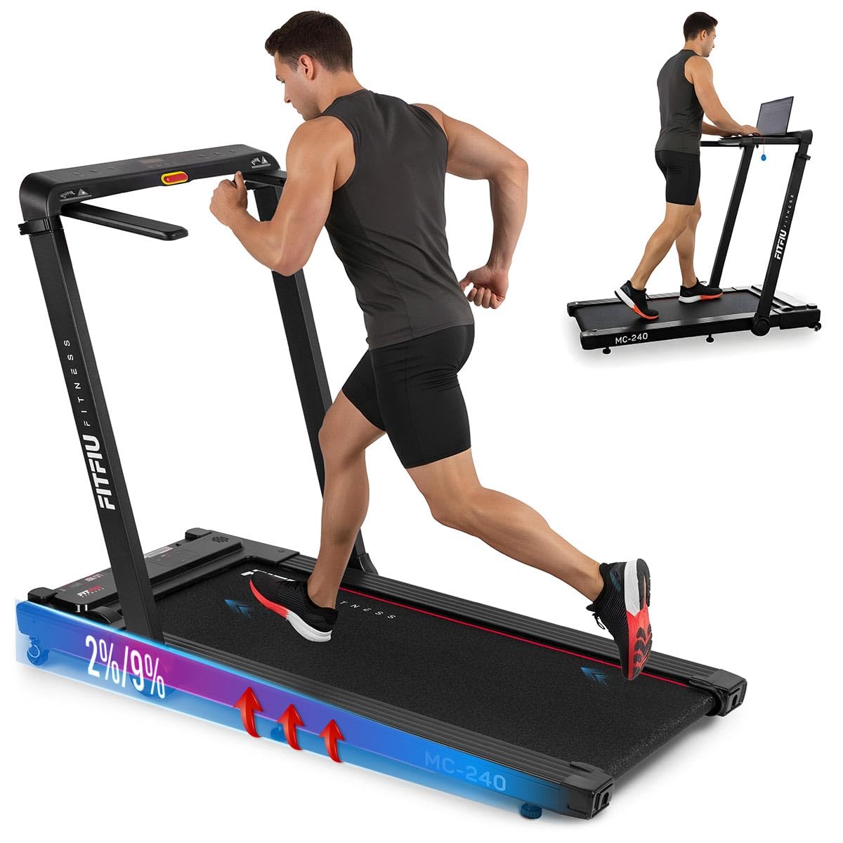 FITFIU Fitness MC-240 Treadmill in unfolded position with a person walking on it while using a laptop on the integrated support.