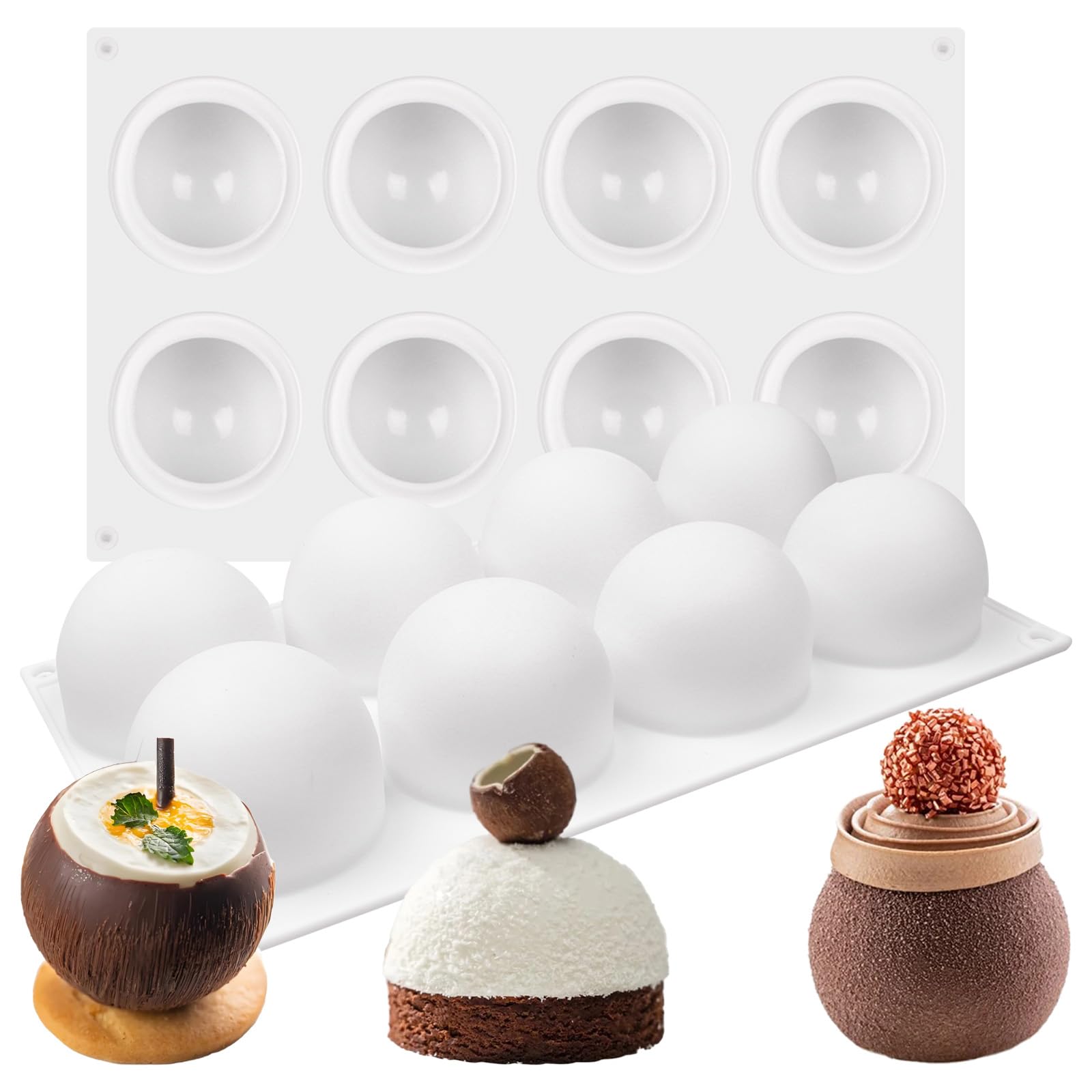 Sphere - Molde de silicona para tartas, moldes de mousse 3D para hornear, postres franceses, chocolate, fondant, caramelos, trufas, cupcakes, gelatina, pudín, jabón de hielo (8 cavidades)