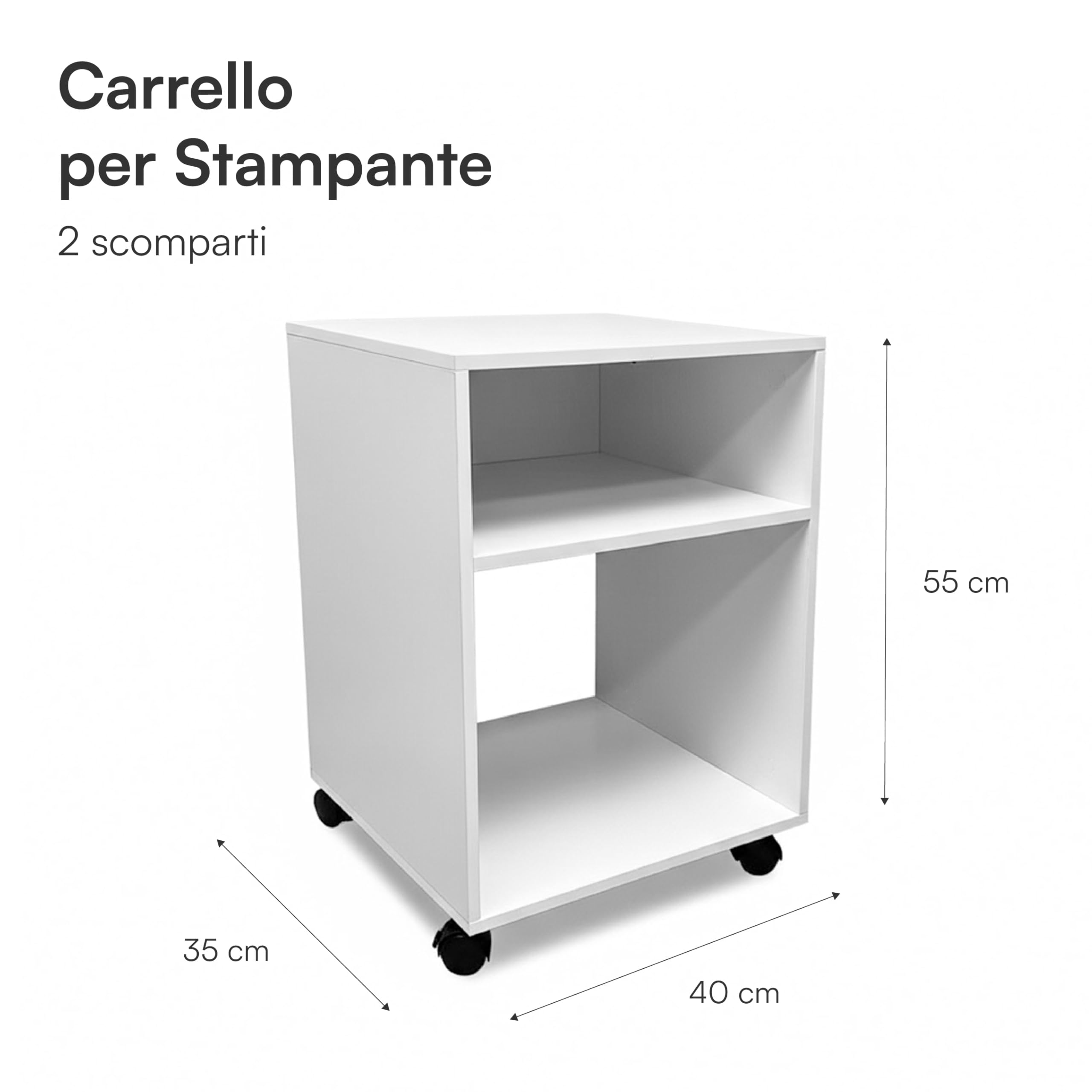 Baroni Home Carrello Ufficio Bianco con 4 Rotelle Girevoli a 360°, Mobiletto Organizer 2 Scomparti per Stampante e Cancelleria, Struttura in MDF Resistente, Montaggio Facile, 35x40x55 cm - 3