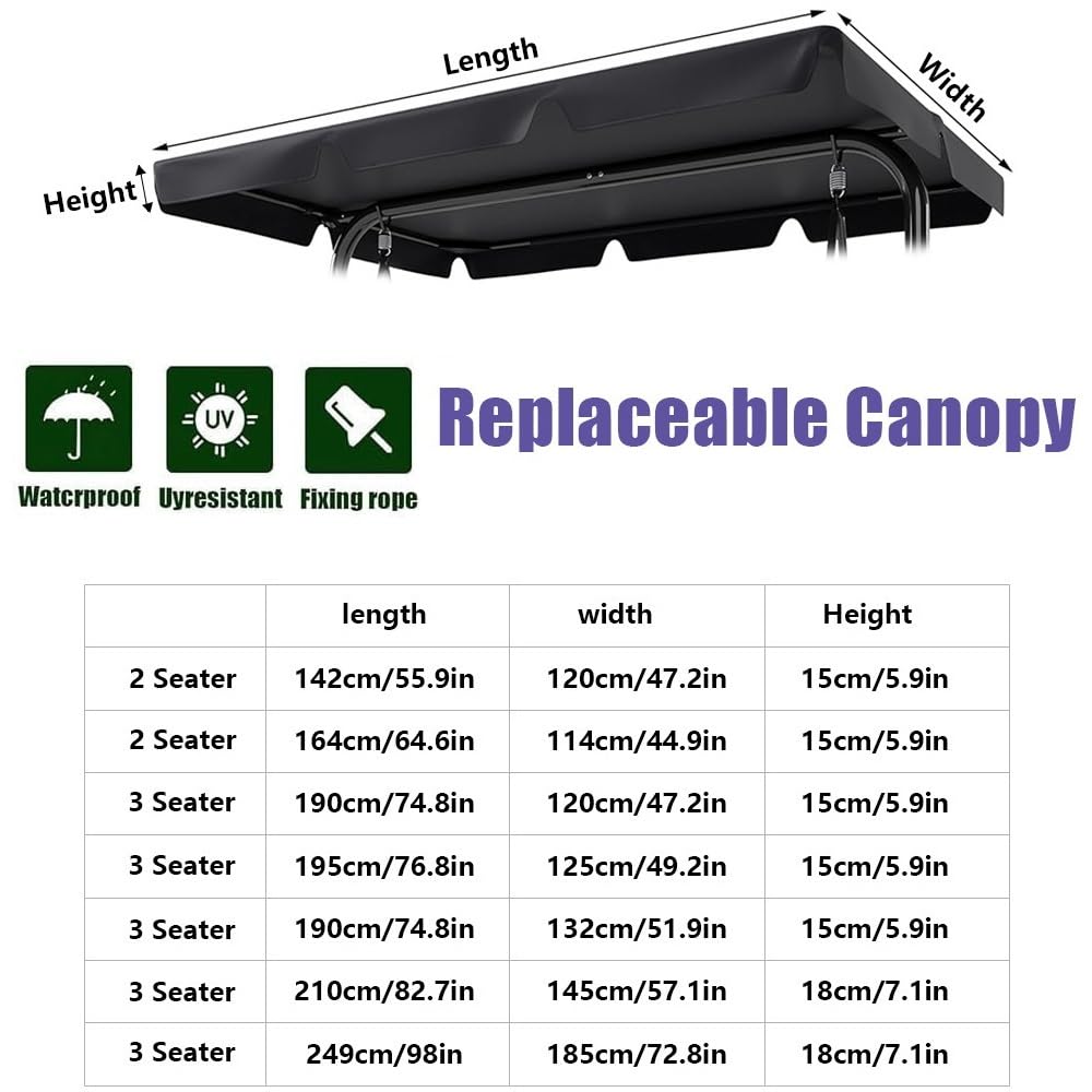 Zamienny pokrowiec na huśtawkę na patio – żywica UV do huśtawki na werandę pasuje od 150 x 45 cm do 200 x 145 cm, szary, idealny do ogrodu i parku (208 x 145 cm)