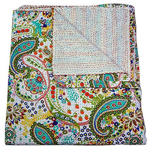 YUVANCRAFTS Indian Cotton Kantha Quilt Traditional Screen Print Twin Quilt Blanket Bedspreads Throw (White Paisley)