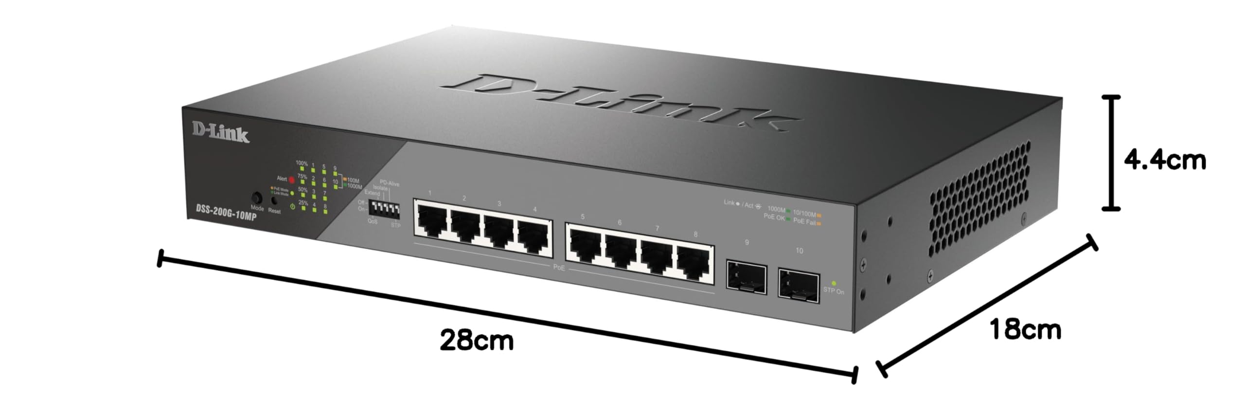D-Link DSS-200G-10MP Smart Switch 10 Ports Gigabit PoE+ pour vidéosurveillance, 8 Ports PoE+ 1000BASE-T et 2 Ports SFP, 802.3af/at/BT, Budget PoE 130 W, Extension de 250 m, sans Ventilateur, ONVIF