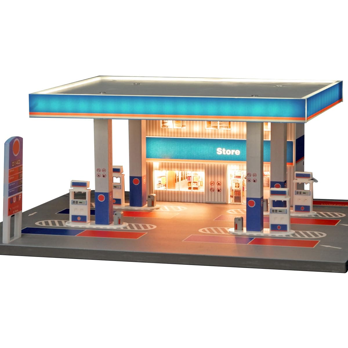 Gulf Stacja benzynowa z oświetleniem LED, stacja gazowa Diorama 1:64, zestaw scen budowlanych dla kolekcjonerów modeli samochodów (niebieska)