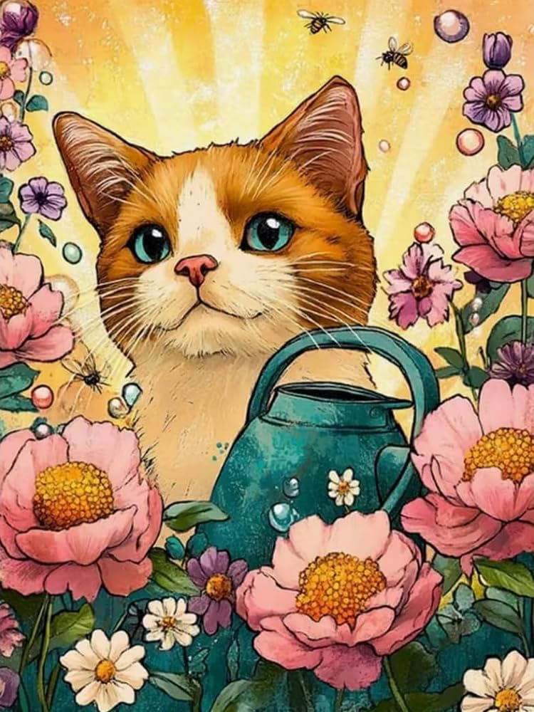 Renqidian 5D Adults Diamond Painting Kits Cat and Flowers Round Crystal Rhinestone Painting by Numbers Diamonds Arts Craft Living Room Decor 40x50 cm