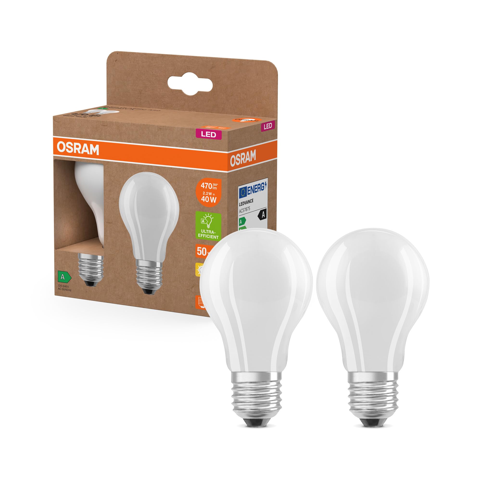 Osram Bombilla Convencional E27 2.2W Mate 2,700K 470Lm 2Er-image