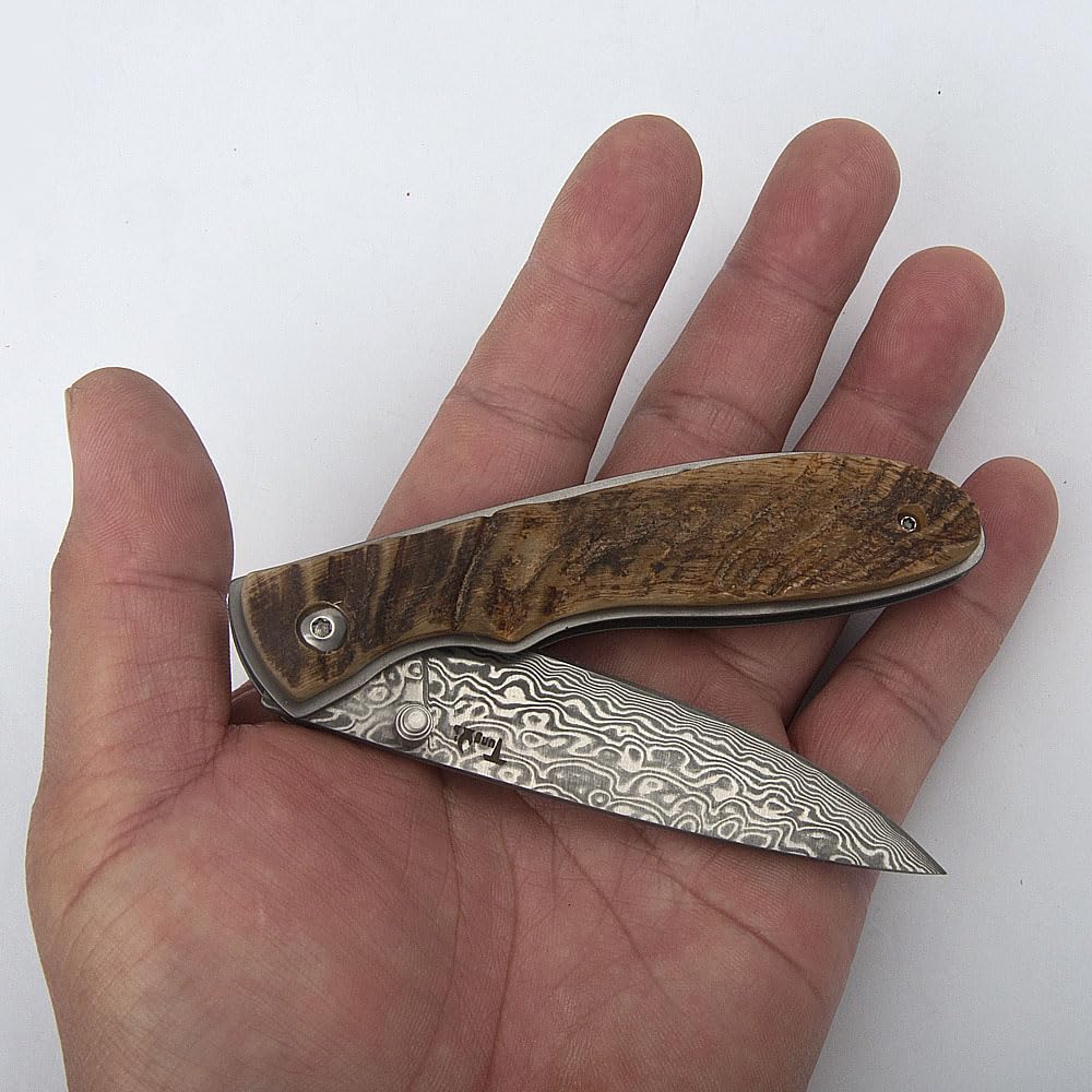 Damascus Acciaio Pieghevole Pocket Knife, 3.1 "lama con guaina in pelle, EDC coltello per il campeggio quotidiano all'aperto Strumenti di escursionismo Regali (4" Ram Horn Handle)