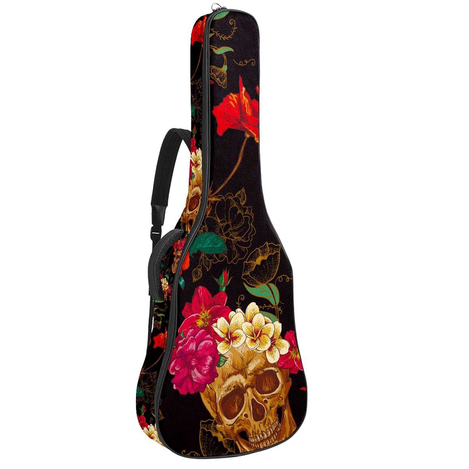 Sac de transport souple pour guitare électrique avec double sangle d'épaule réglable pour guitare basse, guitare acoustique et guitare folk classique avec motif crâne et fleur