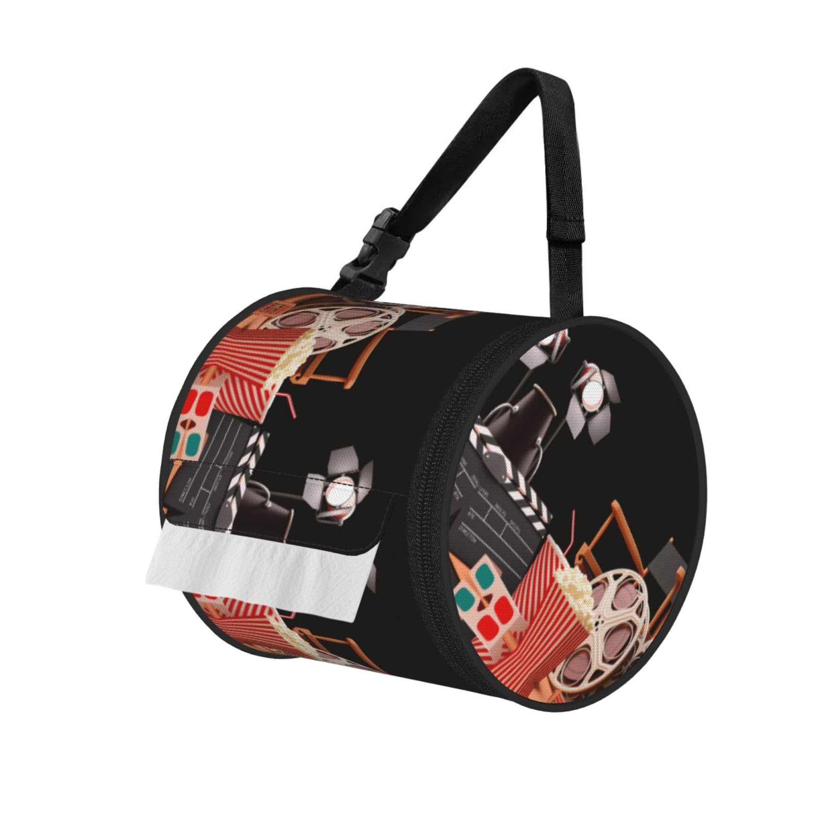 Movie Clapboard Print Round Tissue Dispenser Bag With Carry Strap, Portable Roll Holder For Car Travel Home