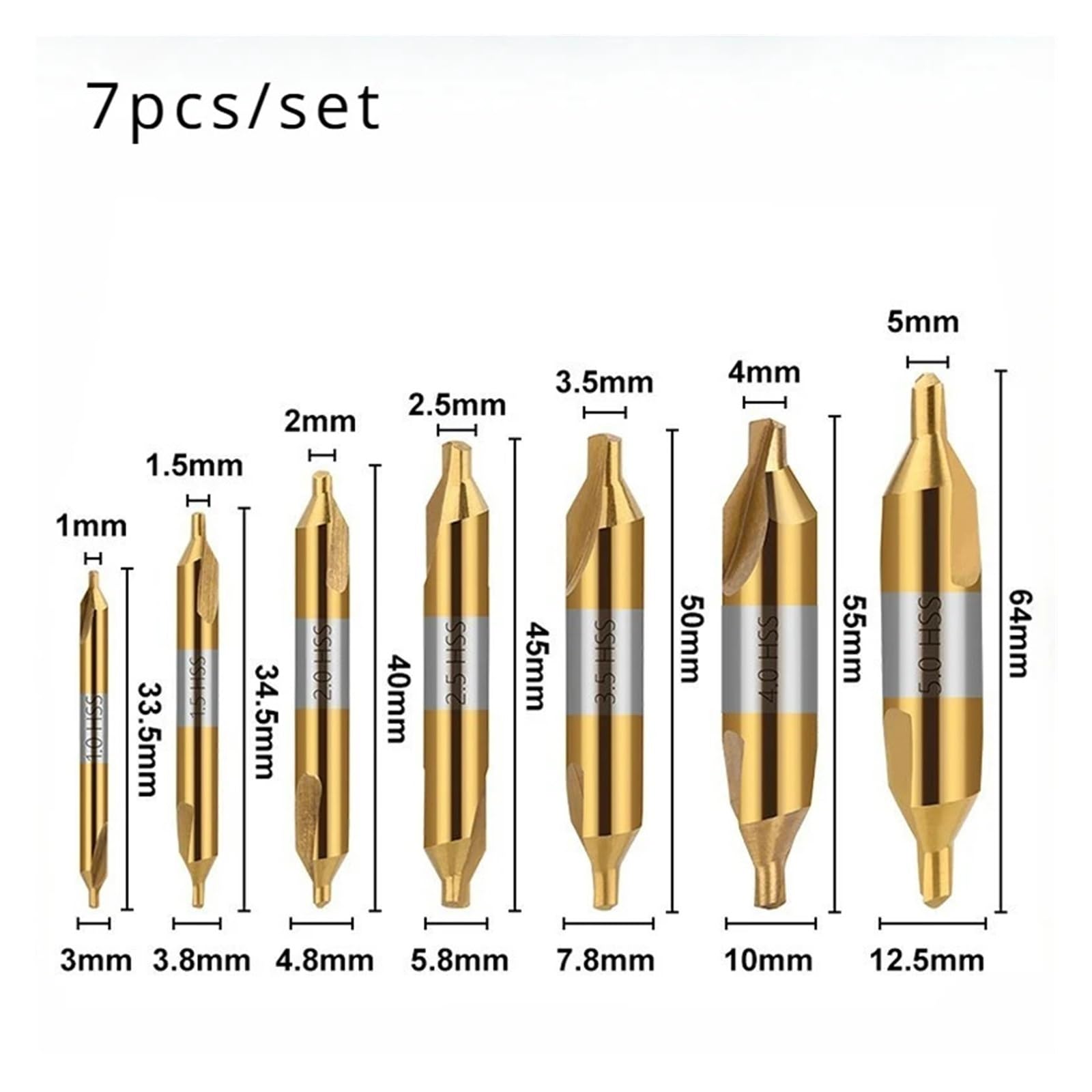Punte da Trapano Centrali Set Punta da trapano centrale HSS Punta ad angolo combinata for svasatori da 60 gradi 1.0 1.5 2.0 2.5 3.0 3.15 3.5 4.0 5.0 6.0mm(7pcs Set)