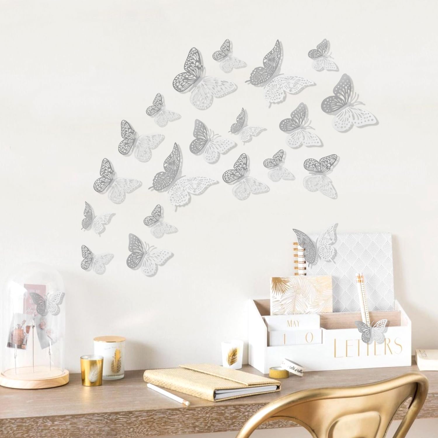 Autocollants Papillons 3D - 24 Pièces - Or, Argent, Rose - Déco Murale