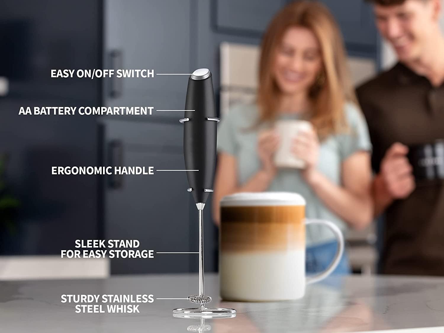 Nikah's Housepie Powerful Handheld Milk Frother, Mini Milk Frother Wand, Battery Operated Stainless Steel Milk Frother Stand for Milk Coffee, Lattes, Cappuccino, Frappe, Matcha, Hot Chocolate (RED)