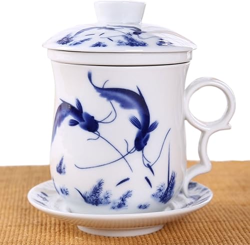 BandTie Conveniente sistema de preparación de té de hoja suelta de cerámica de oficina de viaje - Infusor chino de taza de té de porcelana azul y