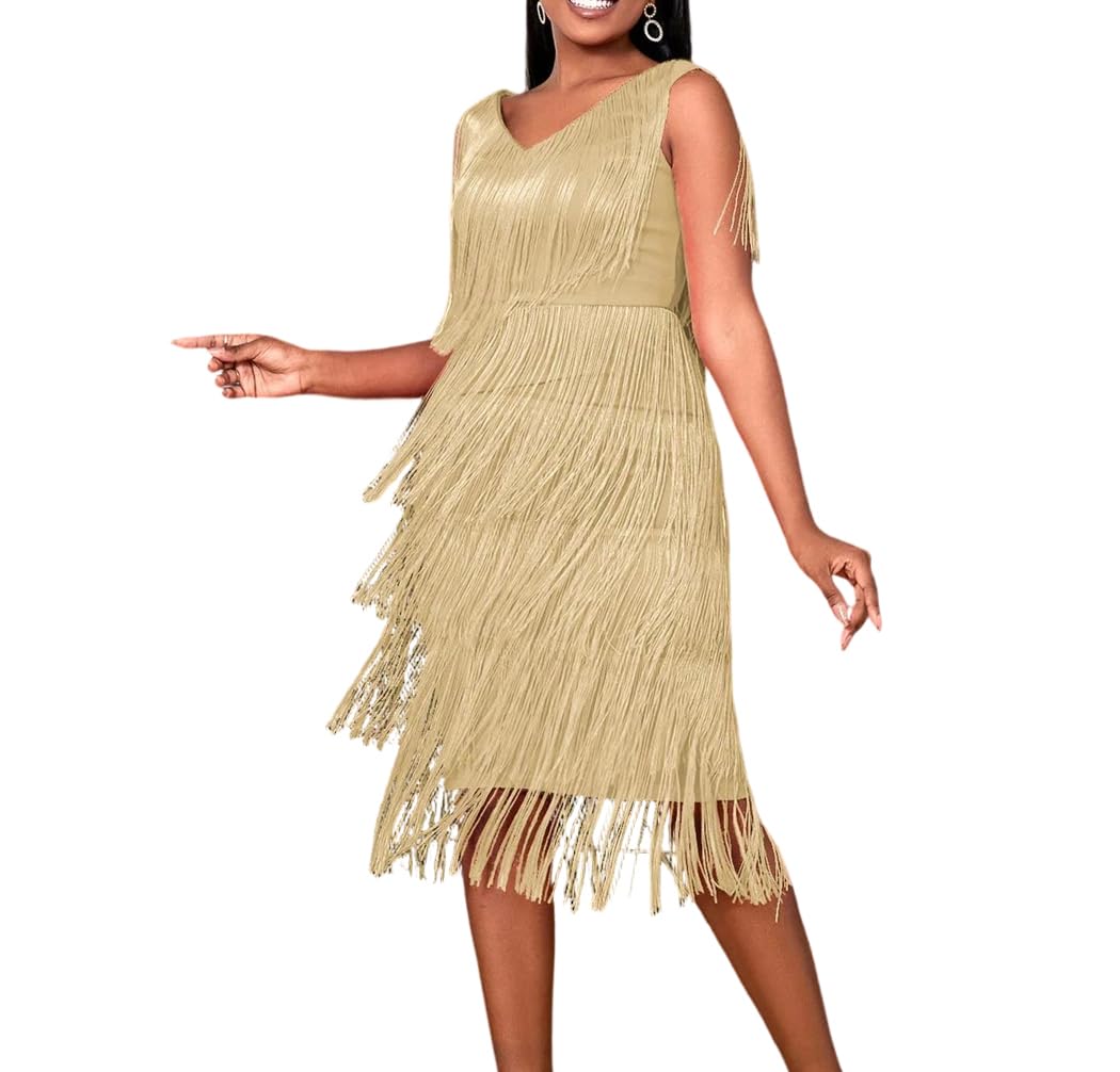 Vestido de fiesta para mujer, doble cuello en V, con flecos, cintura alta, vestido de fiesta para adultos