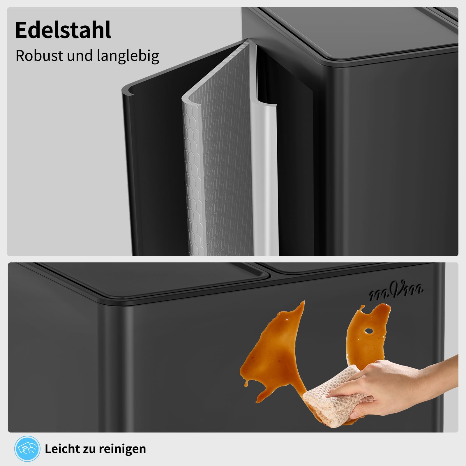 mVm Mülleimer Küche,30 Liter Treteimer,2 x 15 Liter Treteimer, 2 Fächer, Mülltrennsystem, Abfalleimer Küche mit Inneneimer aus Kunststoff,Metall,Klappdeckel, Softclose, Luftdicht