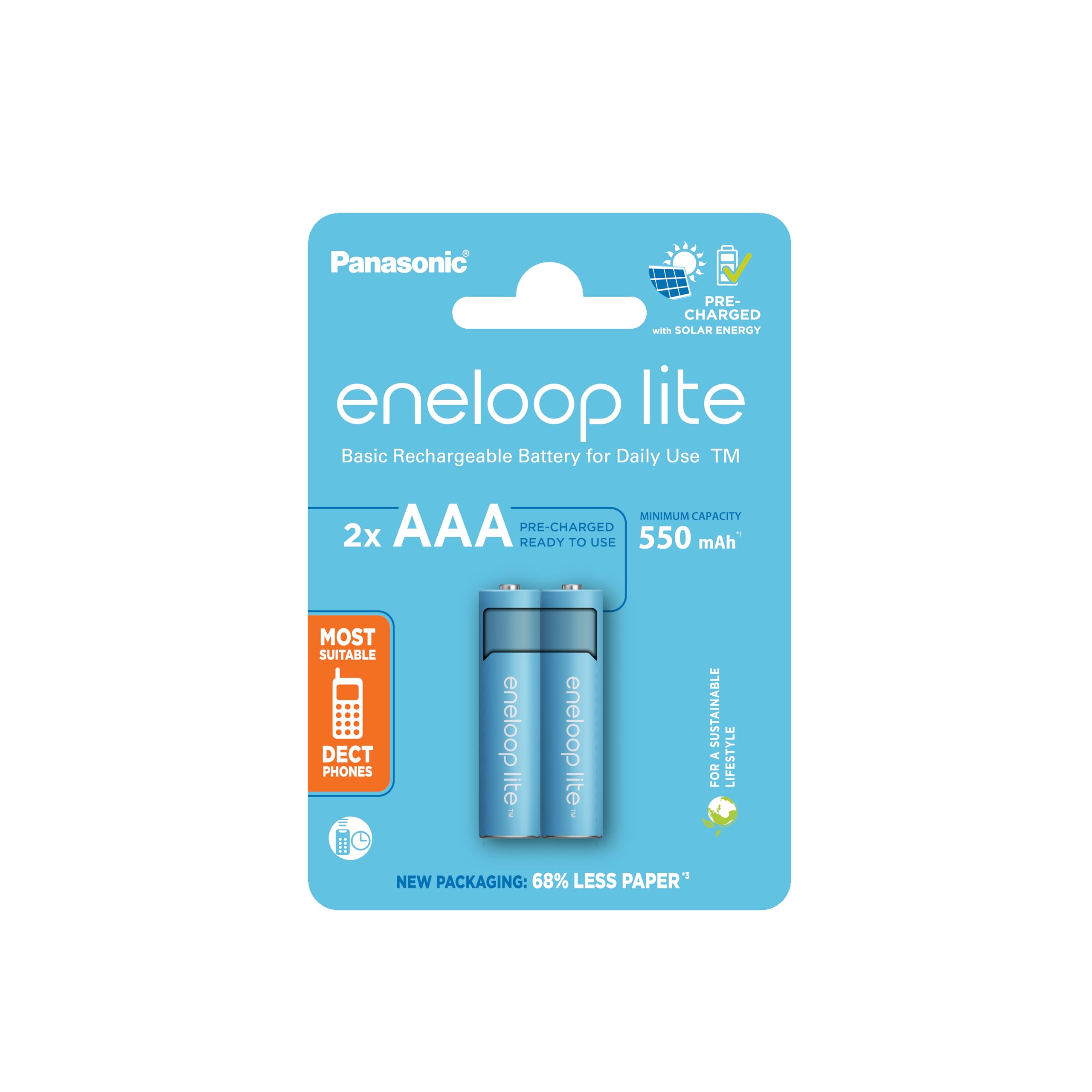 eneloop lite, batterie ricaricabili AAA/​Micro, confezione da 2, capacità di min. 550 mAh, batterie Ni-​MH, pronte all'uso, ricaricabili fino a 3000 volte, confezione senza plastica, lite, blu