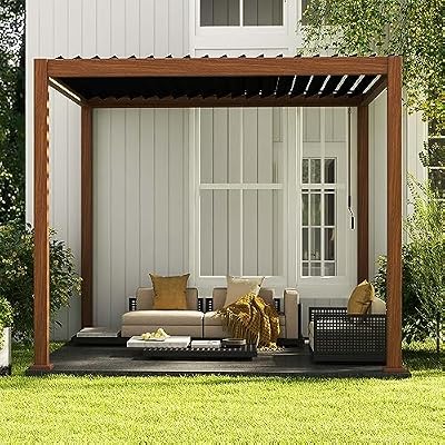 MIRADOR 111S Takasho Louvered Pergola, 10Ft x 10Ft, Full Aluminum Frame, Adjustable Roof for Outdoor Deck Garden PatioDurable, Cherry Oak