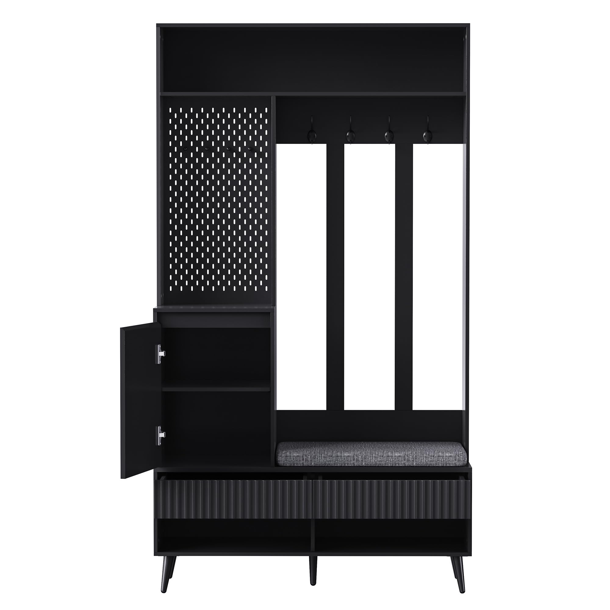 Juego de muebles de entrada que incluye un perchero y un banco para zapatos, vestuario de pared de entrada con 4 ganchos, dos cajones, 1 puerta, y un práctico panel de pared perforado para el pasillo