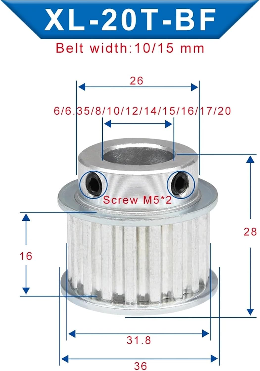 XL20T Timing Pulley Bore 4/5/14/20mm Teeth Pitch 5.08 Aluminum Width 11mm 1Pcs(8 mm)