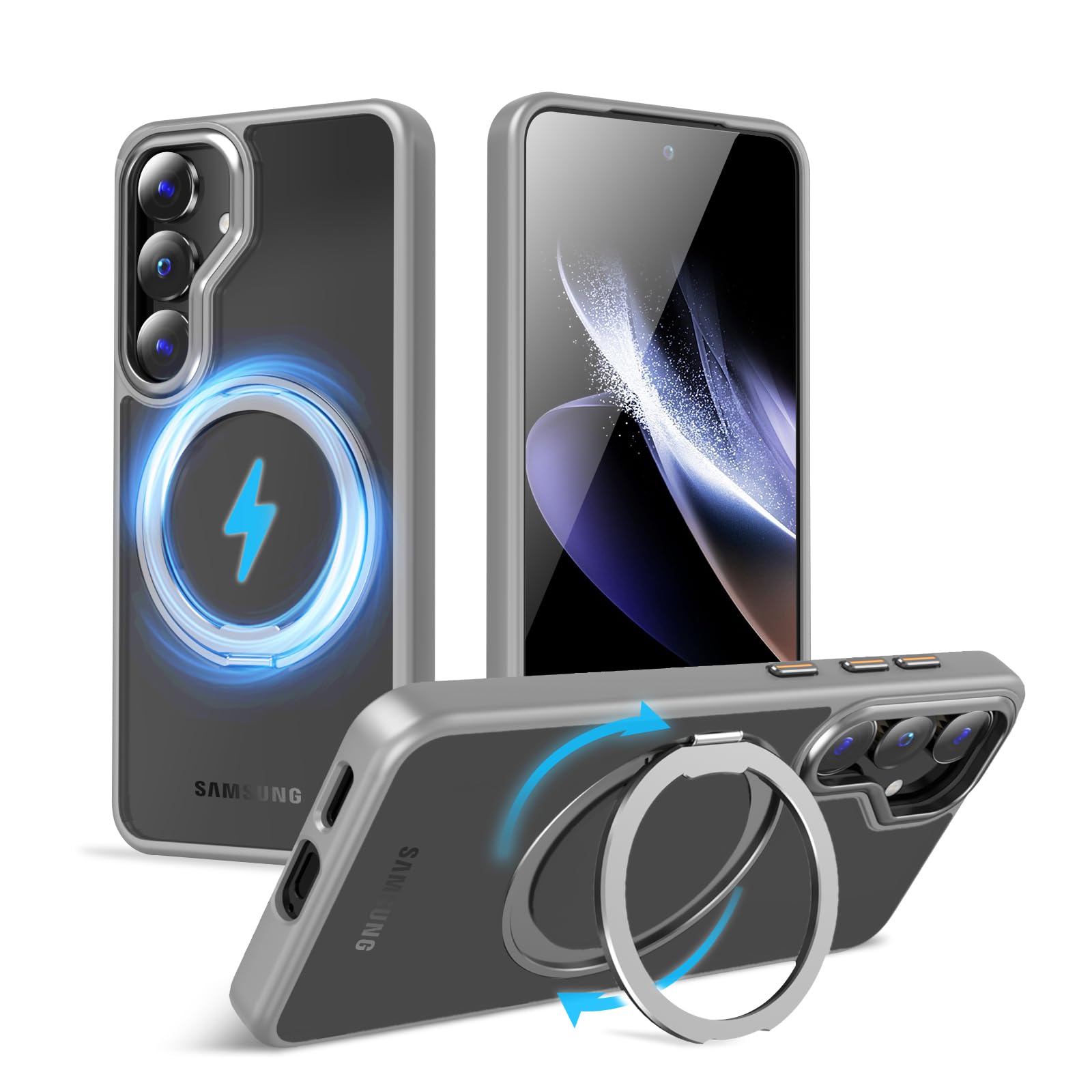 QUEASON【Galaxy S25 用 MagSafe対応 ケース】360°回転スタンド ワイヤレス充電対応 galaxy s25 用 ケース リング付き 米軍MIL規格 ギャラクシーs25 用 スマホケース magsafe 超強磁力 落下防止 ぎやらくしーs25 用 スマホケース 耐衝撃 半透明 防指紋(グレー)