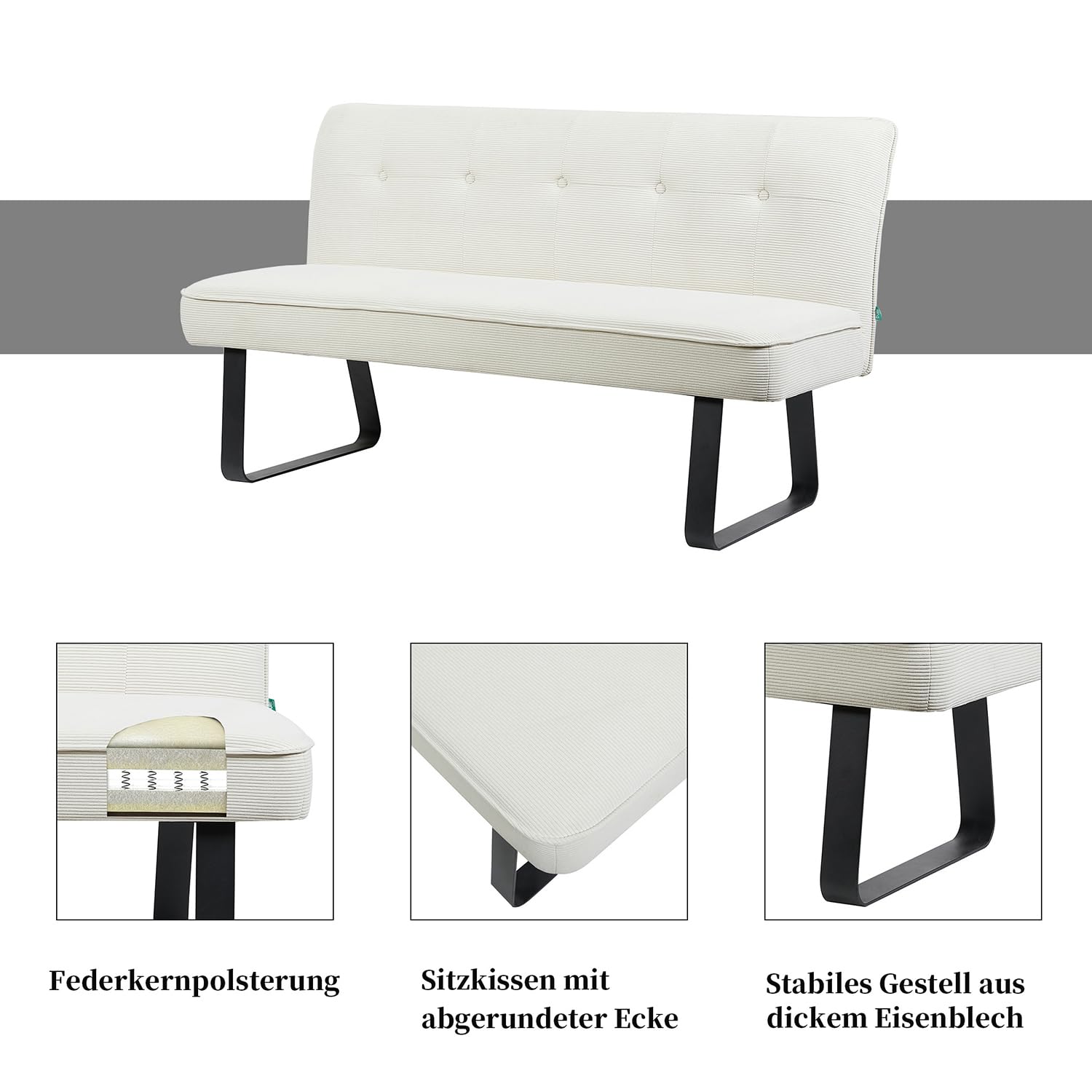 DUBI Möbel Sitzbank Emilia 160 cm mit Federkernpolsterung – Moderne Esszimmerbank Cord Creme – Gepolsterte Küchenbank mit 17 cm Polsterung & Metallbeinen Schwarz