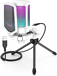 FIFINE Microfone USB, microfone para laptop de mesa de gravação de jogos para PC, microfone condensador para podcasting de transmissão RGB para jogos on-line, vocal, com botão mudo- A6V branco