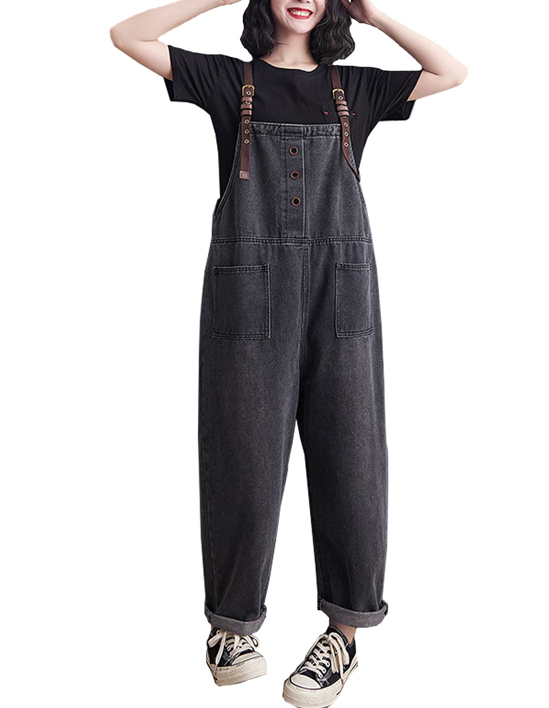 COWOKA Women's Loose Baggy Denim Overalls Casual Vintage Adjustable Straps Stretch Bib Jumpsuit Rompers Harem Pants