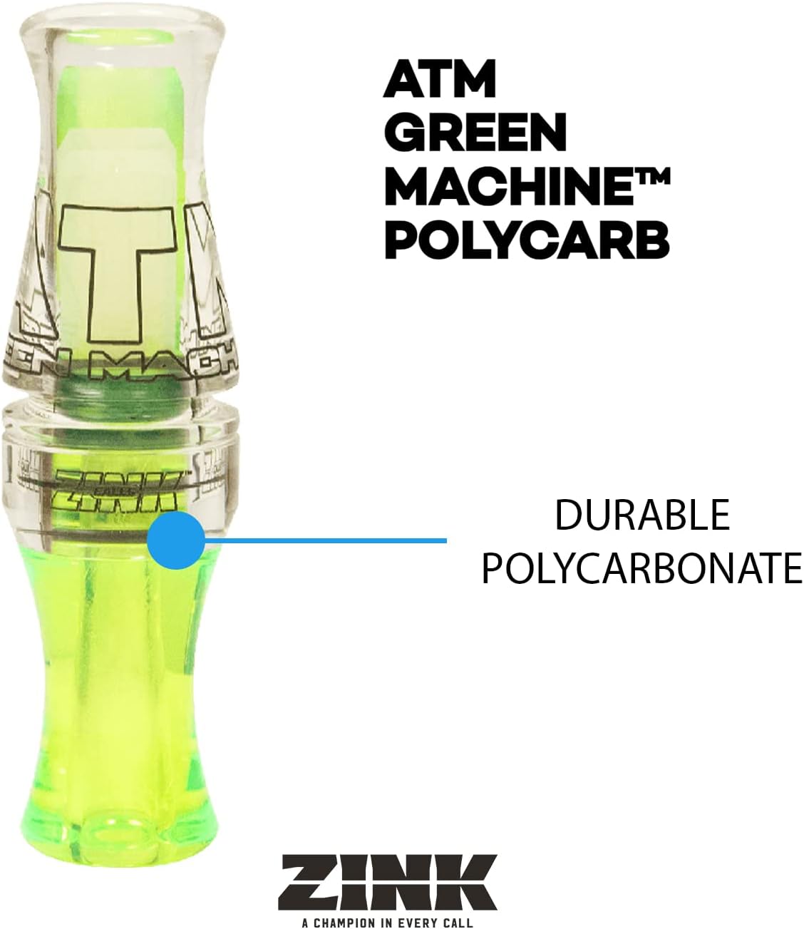 Zink ATM Green Machine Polycarbonate Double Reed Durable Hunting Waterfowl Duck Game Call - Huge Range of Tones with Great Bottom-End Sound