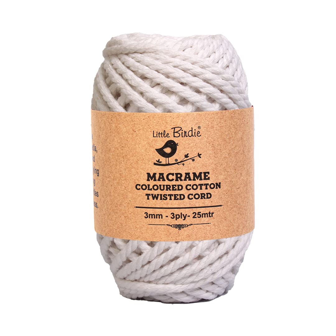 Little Birdie Macrame Thread for Craft | Cotton Twisted Cord Off White 3mm 3 Ply 25 Mtr | Cotton Thread for Craft