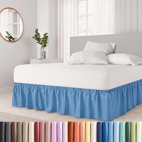 CGK Linens - Falda de cama envolvente con volantes, color azul mezclilla, para camas de tamaño matrimonial con caída de 18 pulgadas, correa elástica