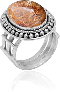 Veracity Jewelry Fossil Coral Jasper Rings For Women - 925 Sterling Silver Fossil Coral Jasper Handmade Jewelry - Natural Yellow Orange Gemstone Stunning Designer Fashion Jewelry For Women - Spiritual/Healing/Anxiety/Meditation Inner Peace Jewelry Rings For Unisex - VSR-38