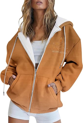 Lolvmvchi Womens Autumn/Winter Christmas Letter Print Merry Christmas Long Sleeve Hooded Pocket Coat Long Jacket