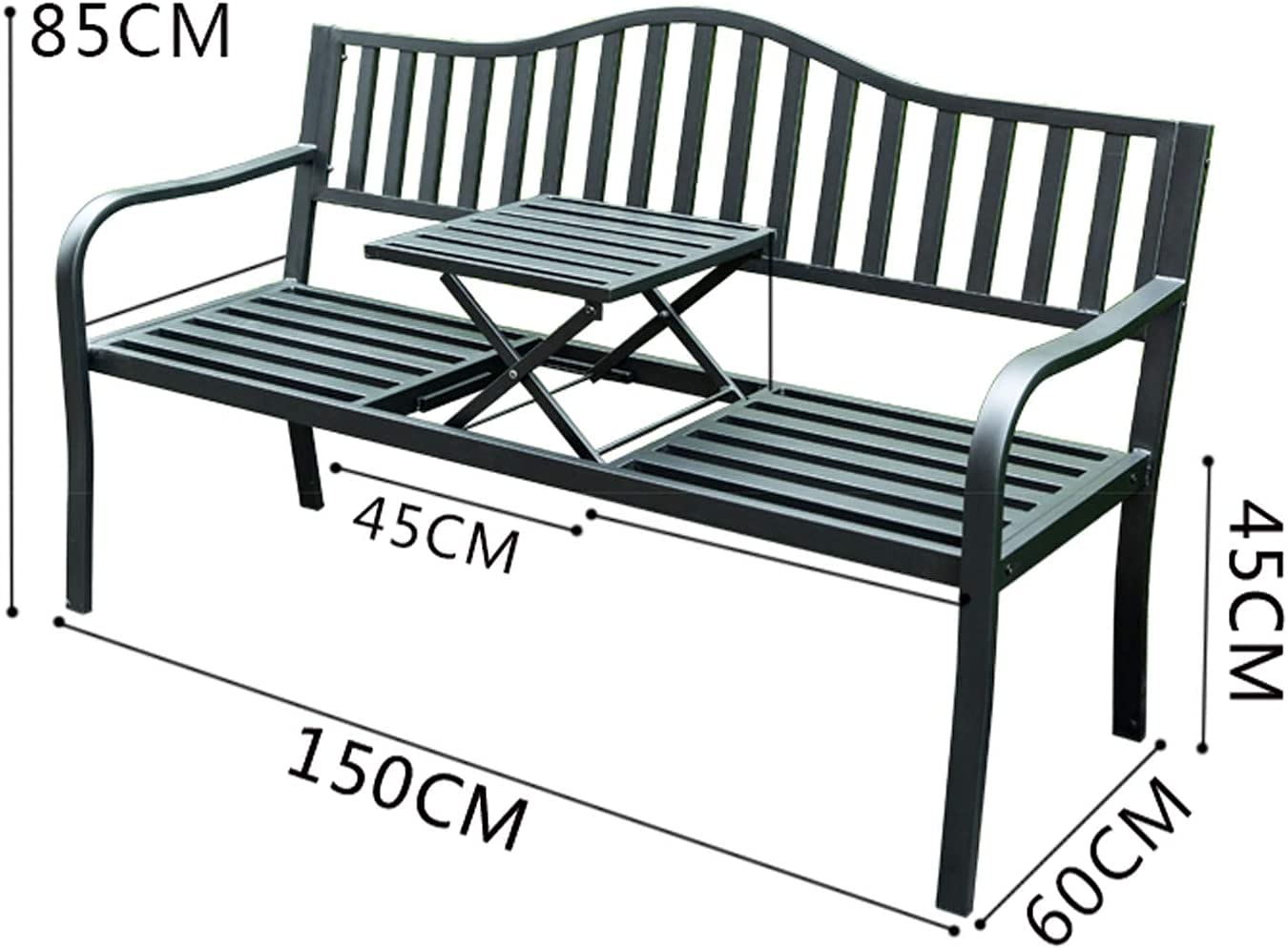 Ogrodowa ławka na patio z wysuwanym środkowym stołem, podwójne siedzenie, stalowa ławka na podwórko i ogród, rekreacja, 150 x 60 x 85 cm, idealna do relaksu na świeżym powietrzu
