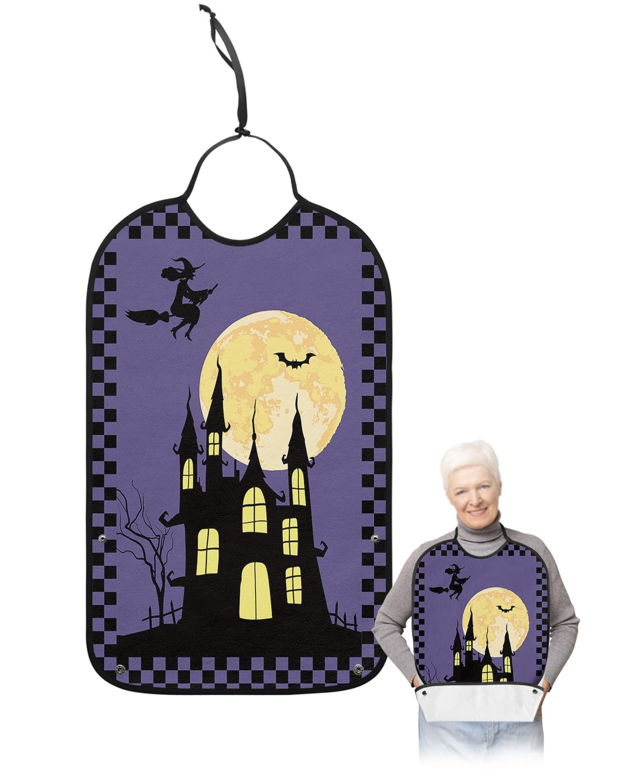 Halloween Castle Adult Bibs for Eating, Waterproof Bibs with Food Catcher & Adjustable Snap Closure, Black Plaid Witch Moon Purple Backdrop Clothing Protectors Adult Bibs for Elderly Women/Men