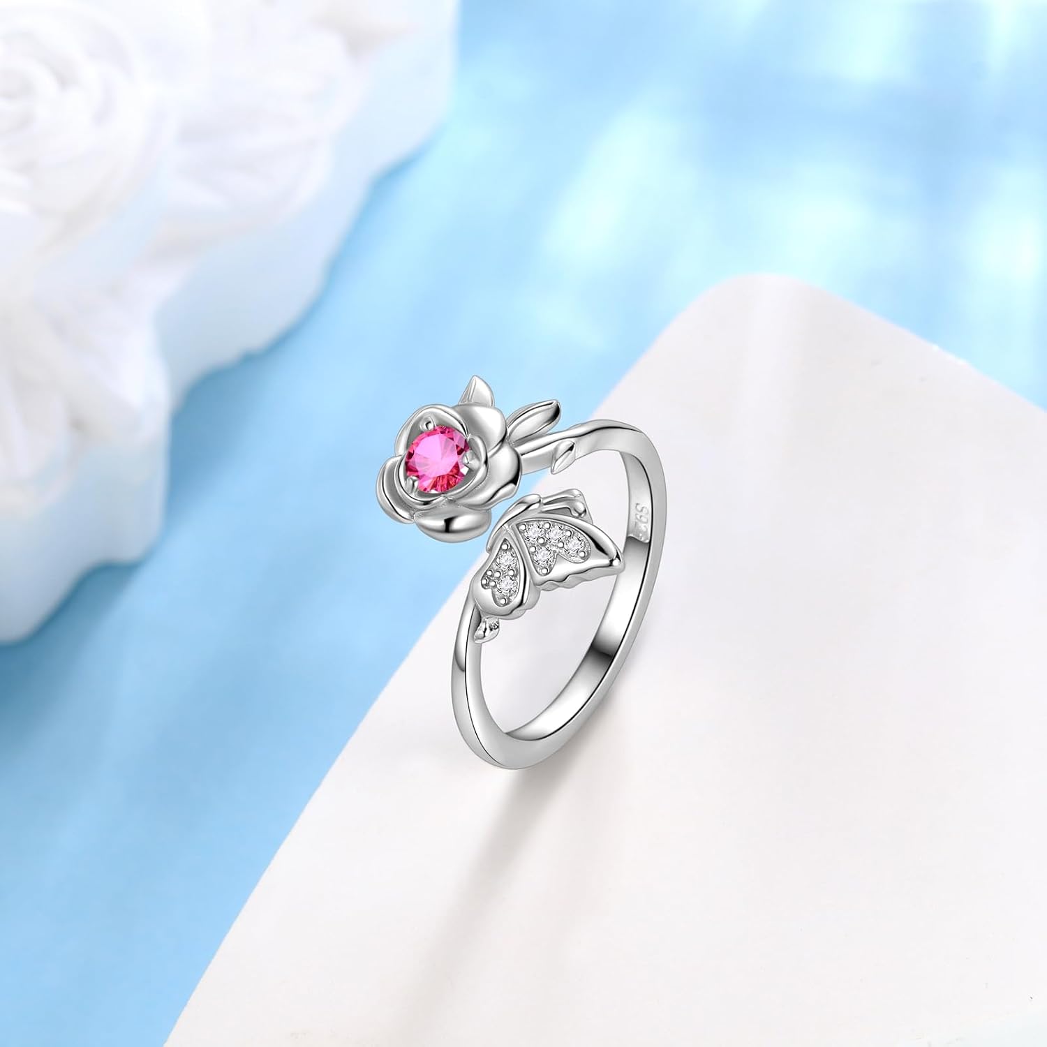 Jewmon Butterfly Rose Birthstone Ring for Women Mothers Day Jewelry Gifts for Mom 925 Sterling Silver Birth Stone Butterfly Ring Elegant Rose Promise Ring Birthstone Jewelry Gift for Girlfriend Wife