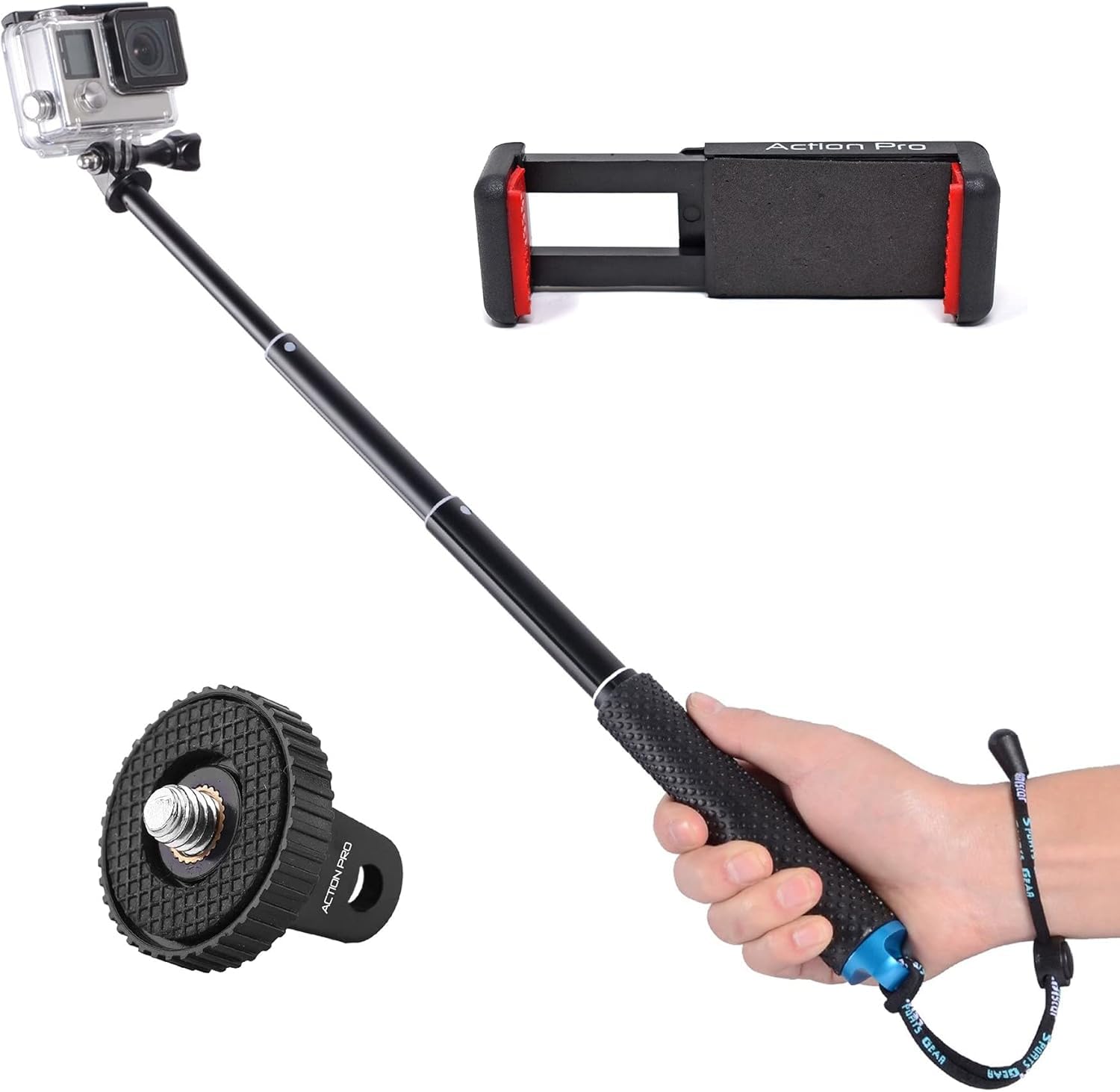 Action Pro 19'' Waterproof Hand Grip Adjustable Extension Selfie Stick Handheld Monopod with Phone Holder Compatible with GoPro-13/12/11/10/9/8/7/6/5/SJCAM/Xiaomi/YI and All Smart Phones