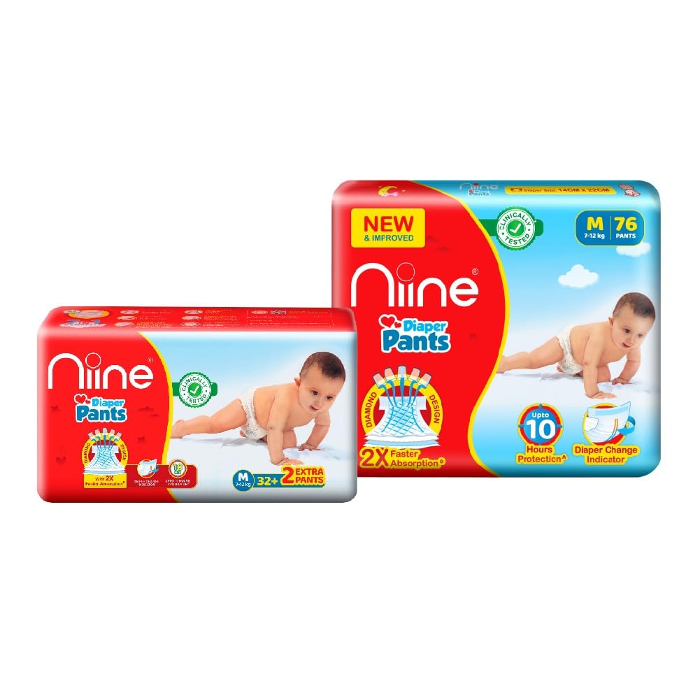 Niine Baby Diaper Pants Medium(M) Size (7-12 KG) (Pack of 2) 110 Pants for Overnight Protection with Rash Control