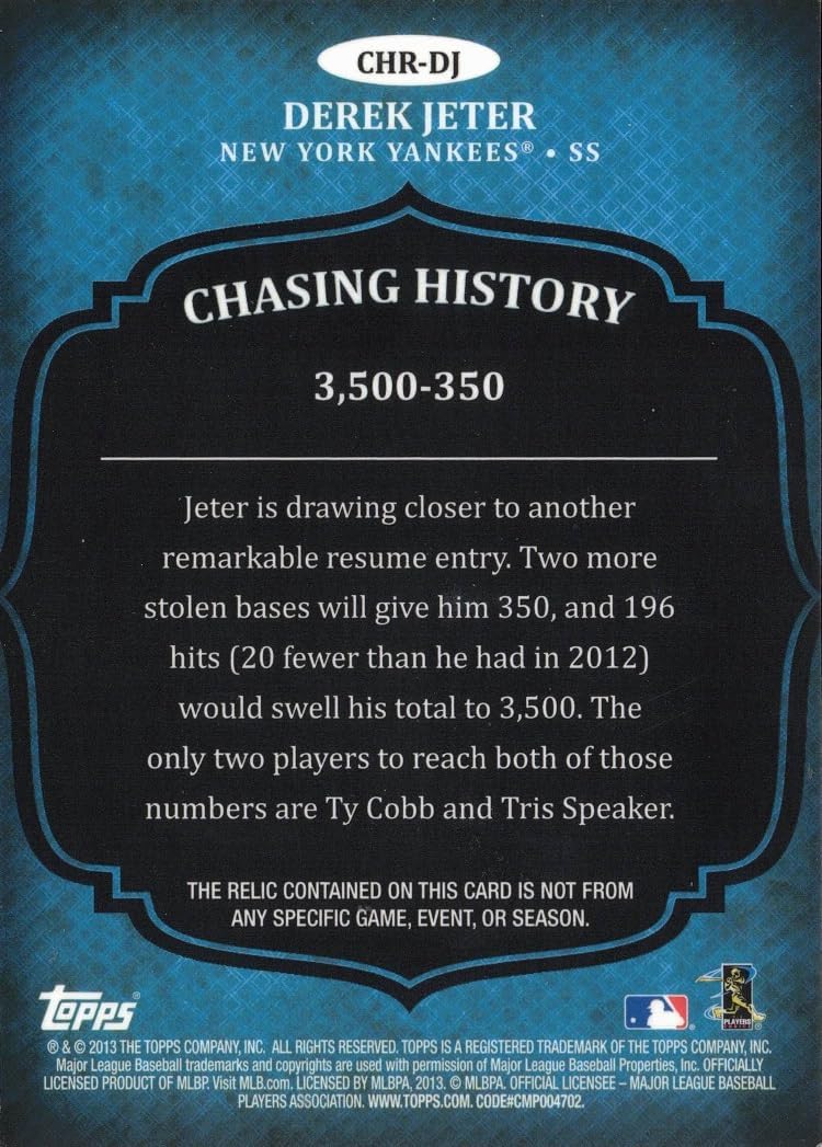 2013 Topps Chasing History Relics #CHR-DJ Derek Jeter Game Worn Yankees Jersey Baseball Card