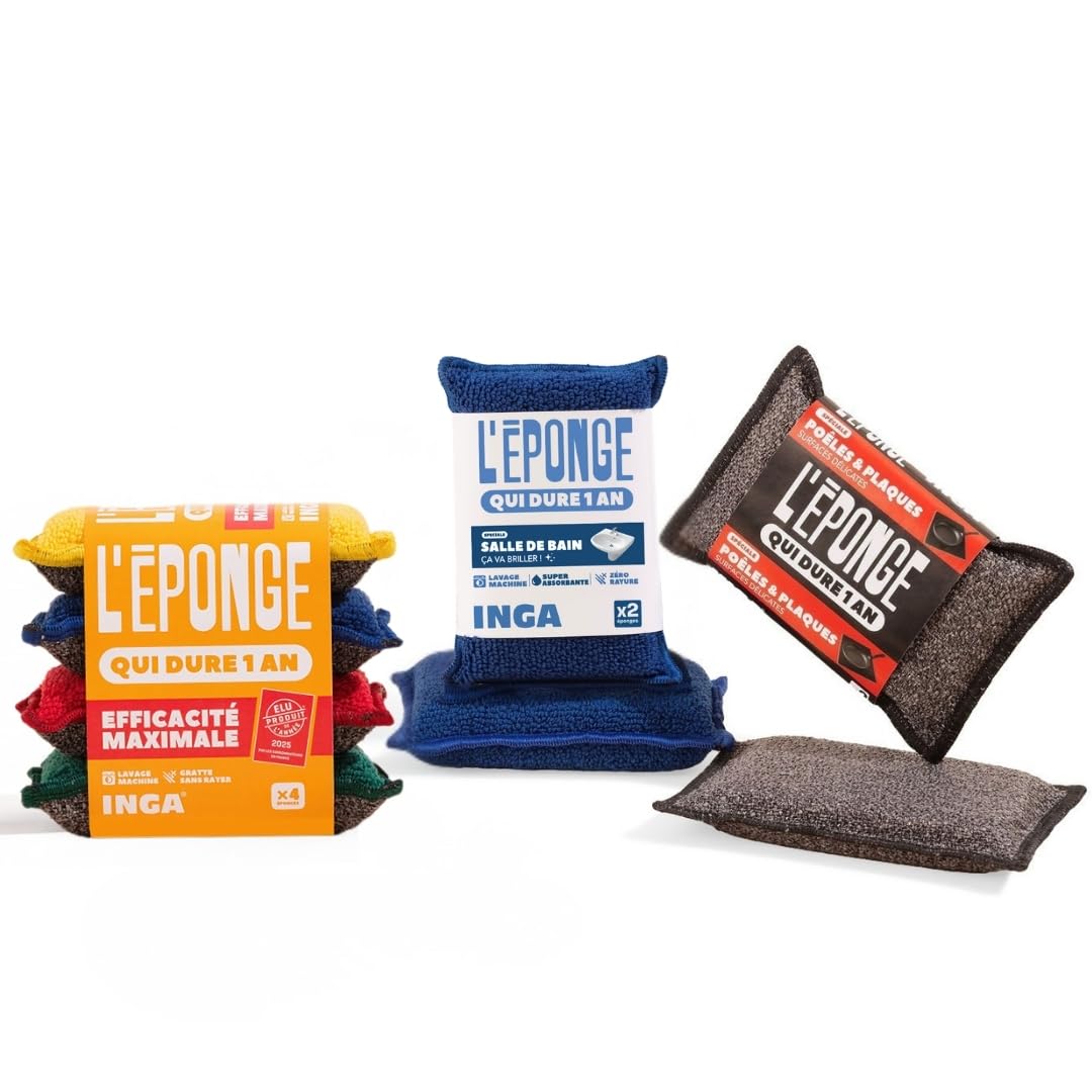 INGA - Kit Ménage Complet : 8 Éponges Lavables Multi-Usages : 4 Grattantes + 2 Salle de Bain + 2 Poêles & Plaques - Une Éponge pour chaque Usage - Ultra Efficaces et Réutilisables - Fabriqué en Europe