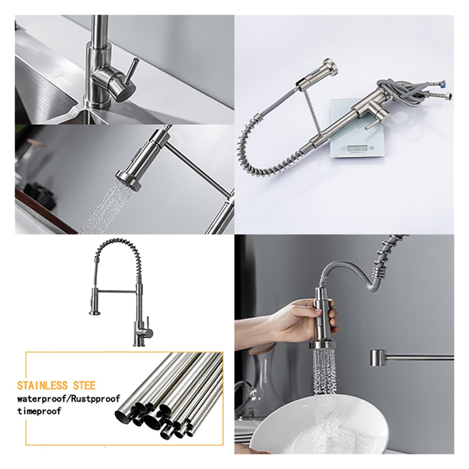 Współczesna bateria kuchenna z wyciąganą głowicą natryskową, jednouchwytowa stal nierdzewna, szczotkowane niklowane wykończenie, elegancki czarny design do nowoczesnych kuchni.