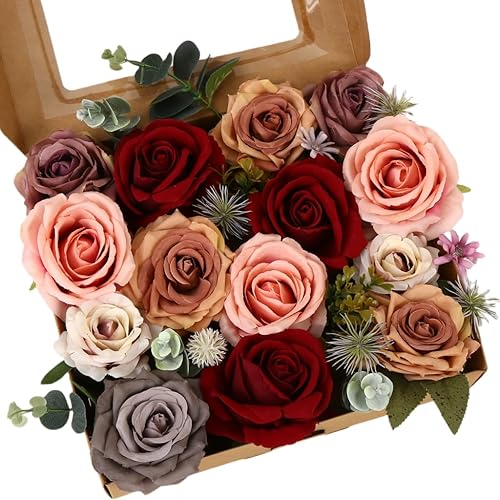Juego de cajas de flores artificiales, flores de seda de primavera, flores sintéticas con tallos para bricolaje, ramos de boda, centros de mesa,