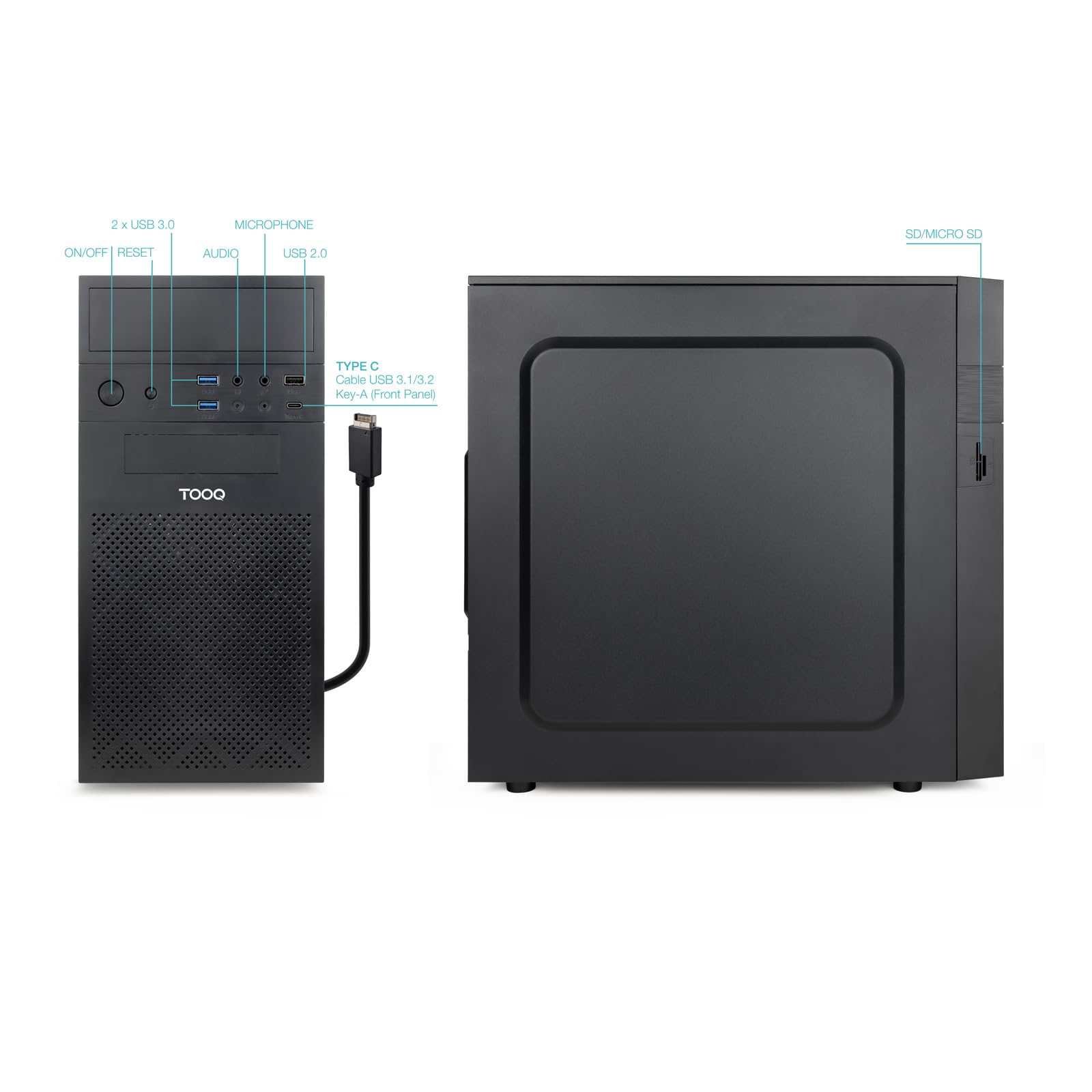 TOOQ TQC-4701-SP - Caja Minitorre Micro-ATX “ISOBOX Ultra”, Fuente de alimentación ATX 500W, 2xUSB-A 3.0, 1xUSB-A 2.0, 1xUSB-C, Audio HD, Micrófono