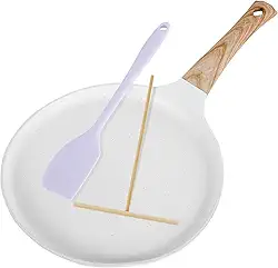 Panela de crepe antiaderente, panela de crepe com espalhador e espátula, frigideira de tortilha com cabo de madeira, frigideira plana portátil, frigideira de tortilha para todos os fogões